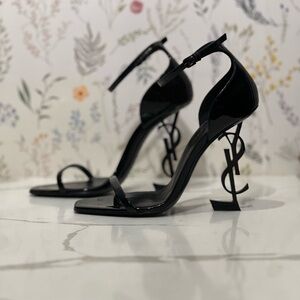 Opyum YSL Logo-Heel Sandals with Black Hardware